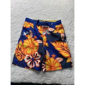Sand N Sun Swim Shorts Boys Medium 10/12 Blue Orange Floral Hawaiian Beach Pool